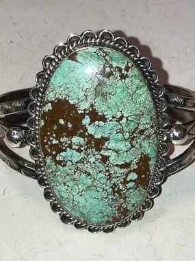 Sterling Navajo Cuff Bracelet with Large Number Eight Mine Turquoise